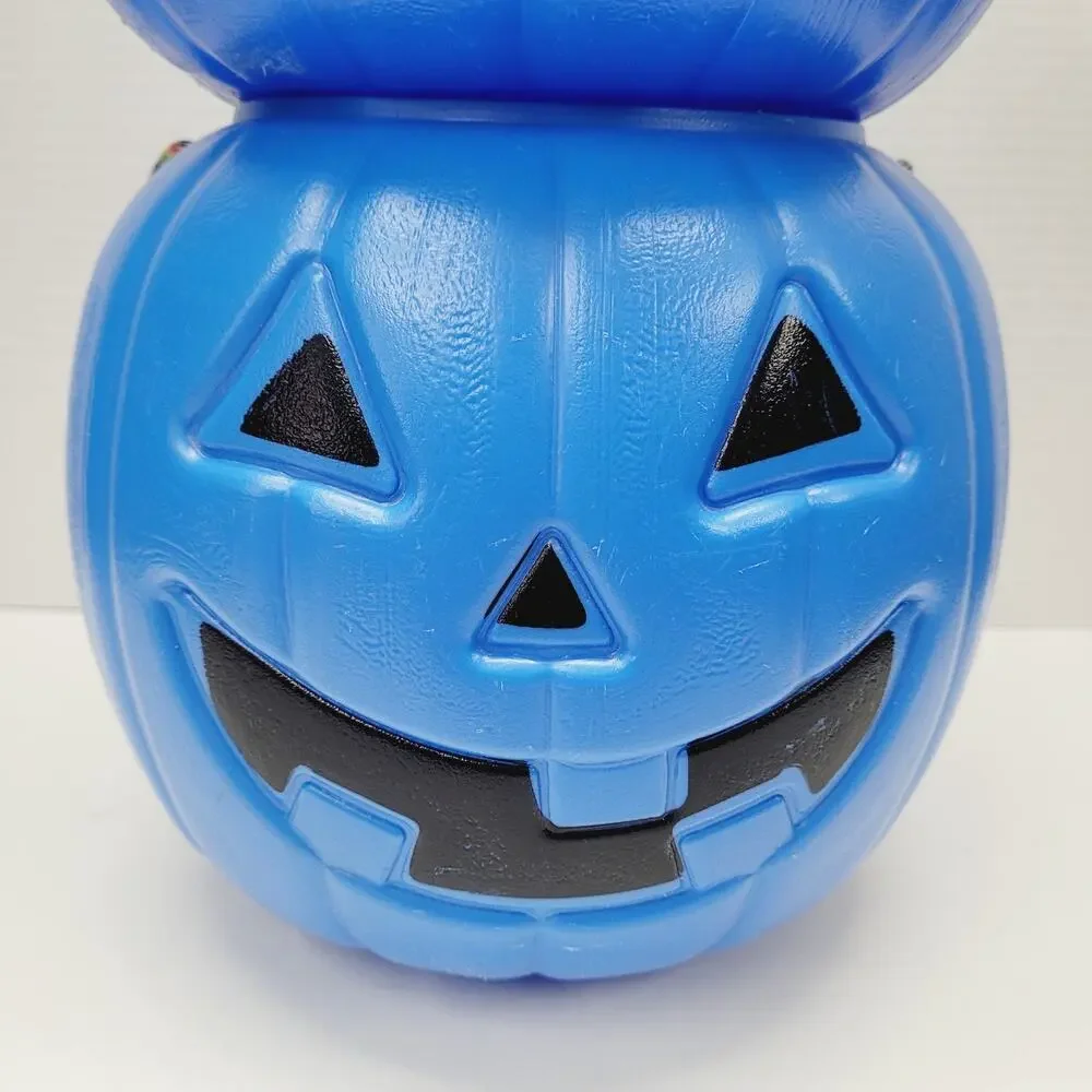 2 Halloween 8” BLUE Blow Mold Pumpkin Trick or Treat Pails W/Rope Handles